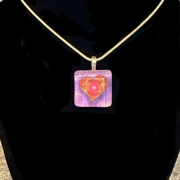 Hand Crafted Red & Purple Glass Tile Pendant - Picture 1 of 2